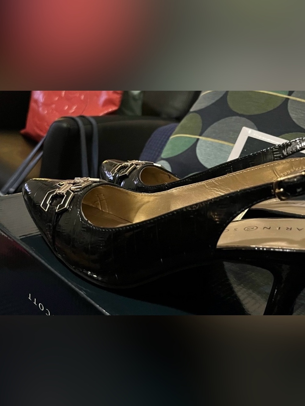 Karen Scott Black Patent Pointed Toe Flats with Gold Accent